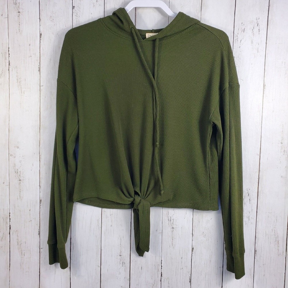 Lily White Knit Crop Sweatshirt Hooded Womens Size Medium Green Light Weight